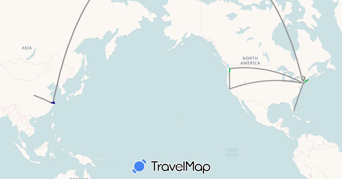 TravelMap itinerary: driving, bus, plane in China, United States (Asia, North America)